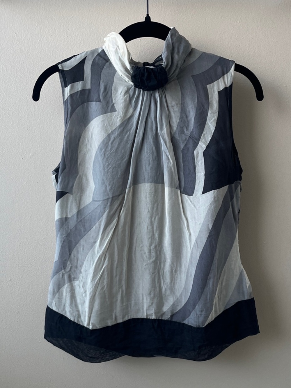 CC Couture Silk High-Neck Sleeveless Top Grey/Black Geometric Print- Size XS